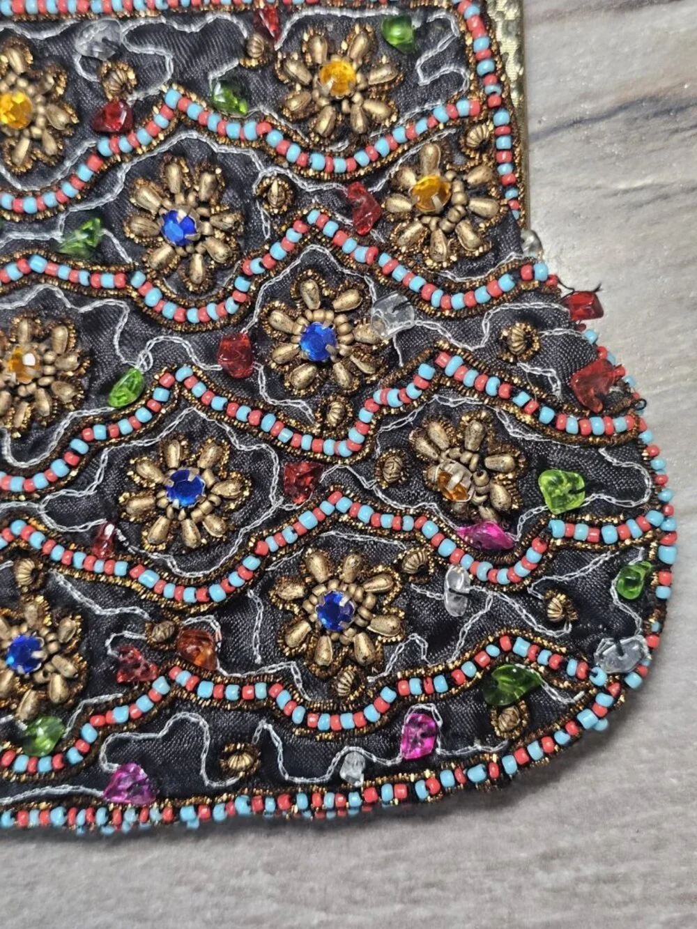 VTG Black Beaded Evening Bag Clutch Floral India